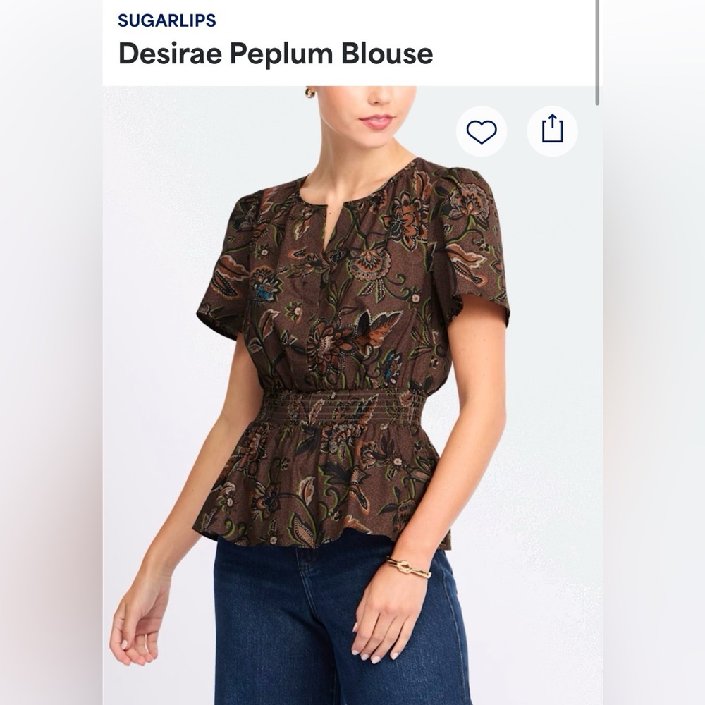 NWT -Sugarlips Brown Floral Peplum Blouse. Size Medium.